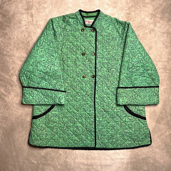 Vintage 40s Lady Juliana Housecoat Green Jacket Quilted Geometric Double Button - Picture 1 of 6